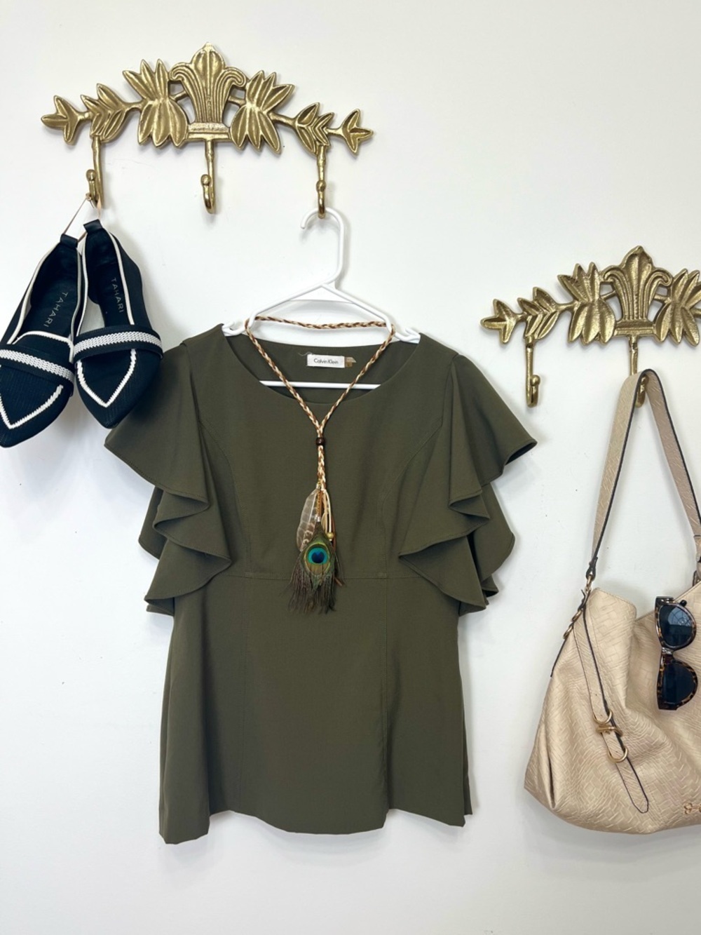 Calvin Klein Olive Green Ruffle Sleeve Blouse
